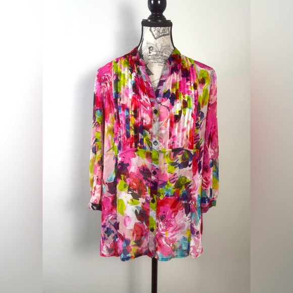 Christopher & Banks Tops - Christopher & Banks Multicolor Floral Blouse Multicolor Sheer Button Down Siz Lg